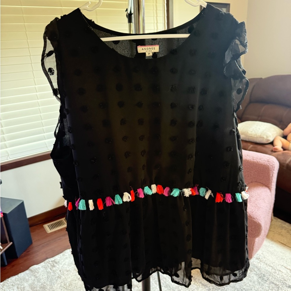 Andree Black Sheer Dot Blouse with Multicolor Tassel Trim